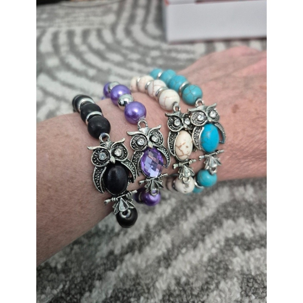Owl Charm Beaded Stretch‎ Bracelet Set 4pc Boho Silver Tone Rhinestone Stacking